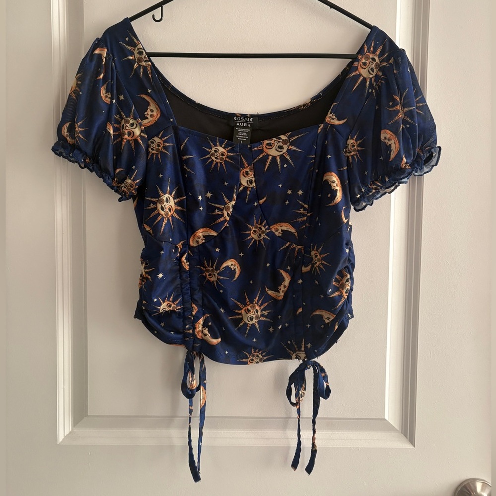 Celestial Navy Crop Top with Sun and Moon Design
